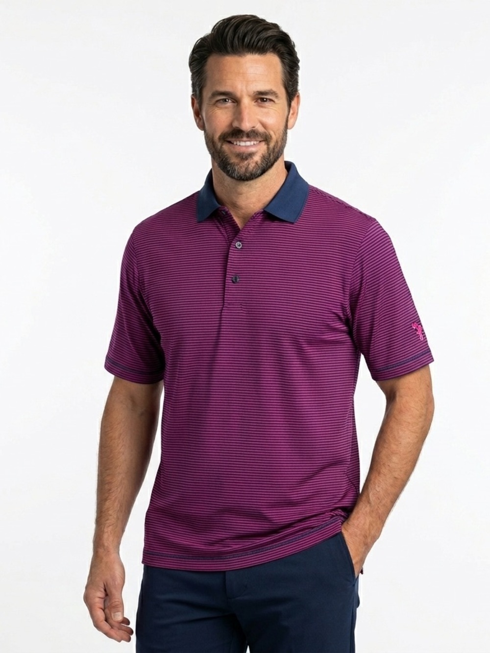 Donald Ross Men’s Striped Golf Polo Pink Navy Performance Size M